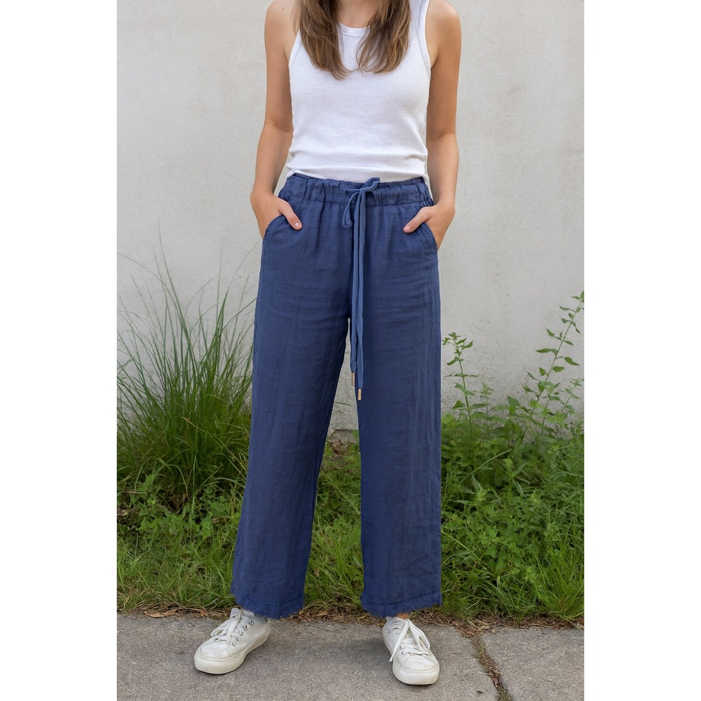 Meo Meo‎ Linen Wide Leg Pants Womens One Size Cropped Raw Hem Navy Blue Beachy